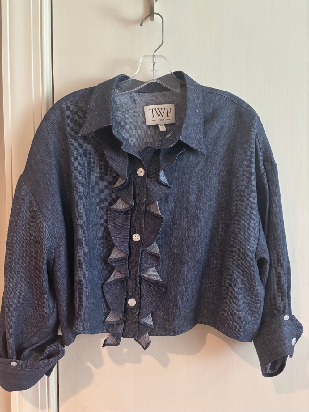 TWP Navy Ruffle-Front Button Down Shirt - Picture 2 of 2